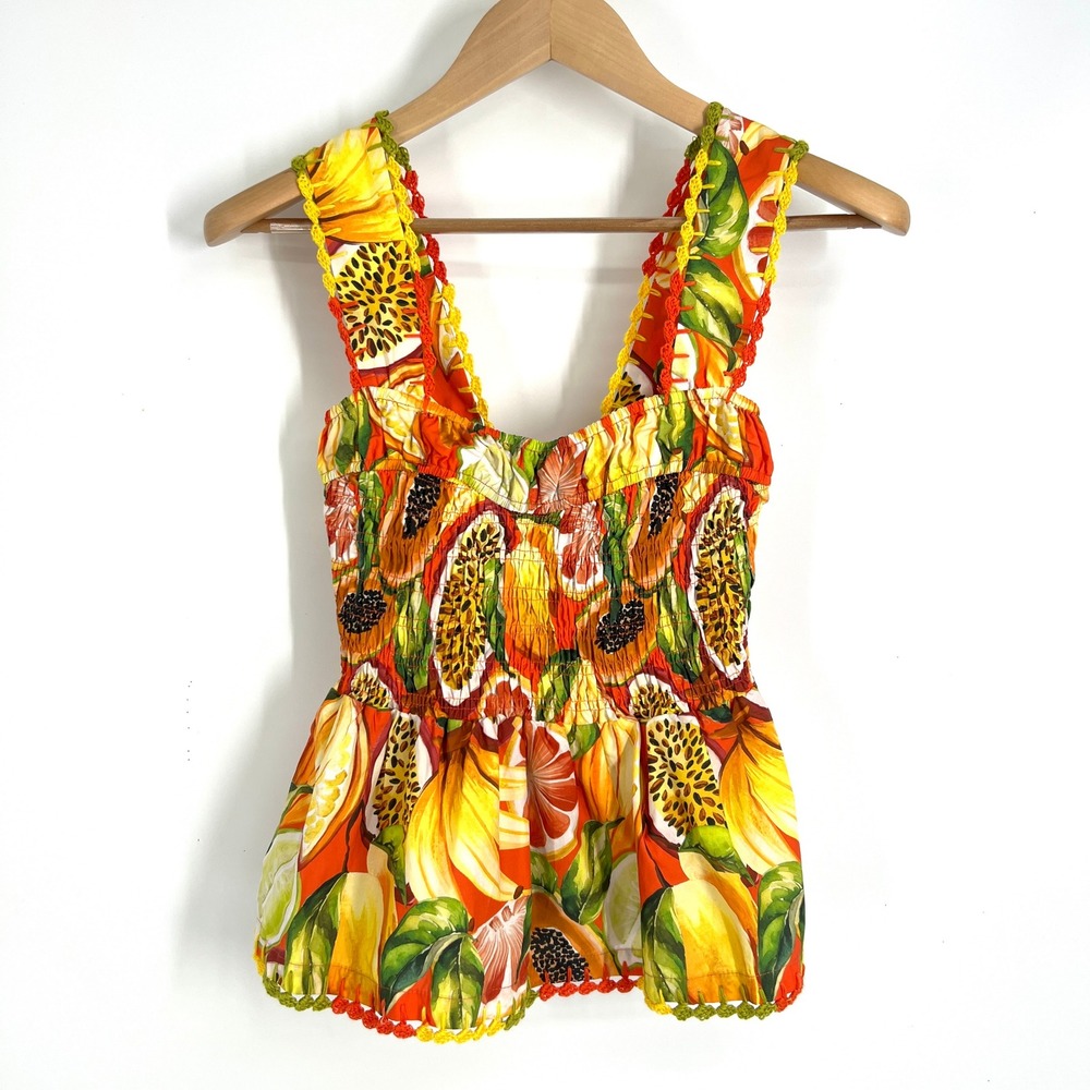 Farm Rio Fruit Garden Smocked Blouse Sleeveless Tropical Organic Cotton S NEW